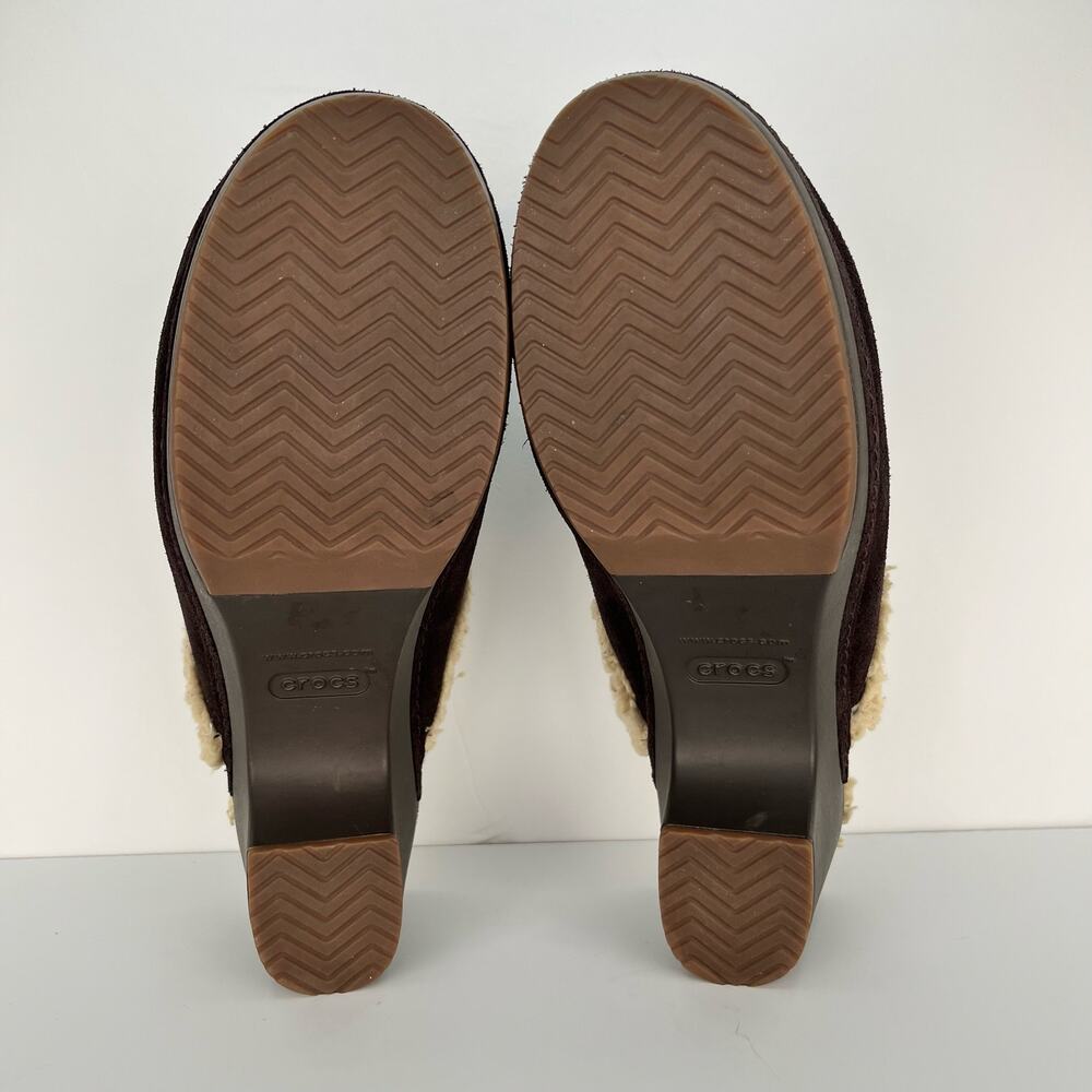 CROCS Sarah Leather Clogs Shearling Lined Mules Brown Shoes Womens Size 8 - Picture 6 of 12